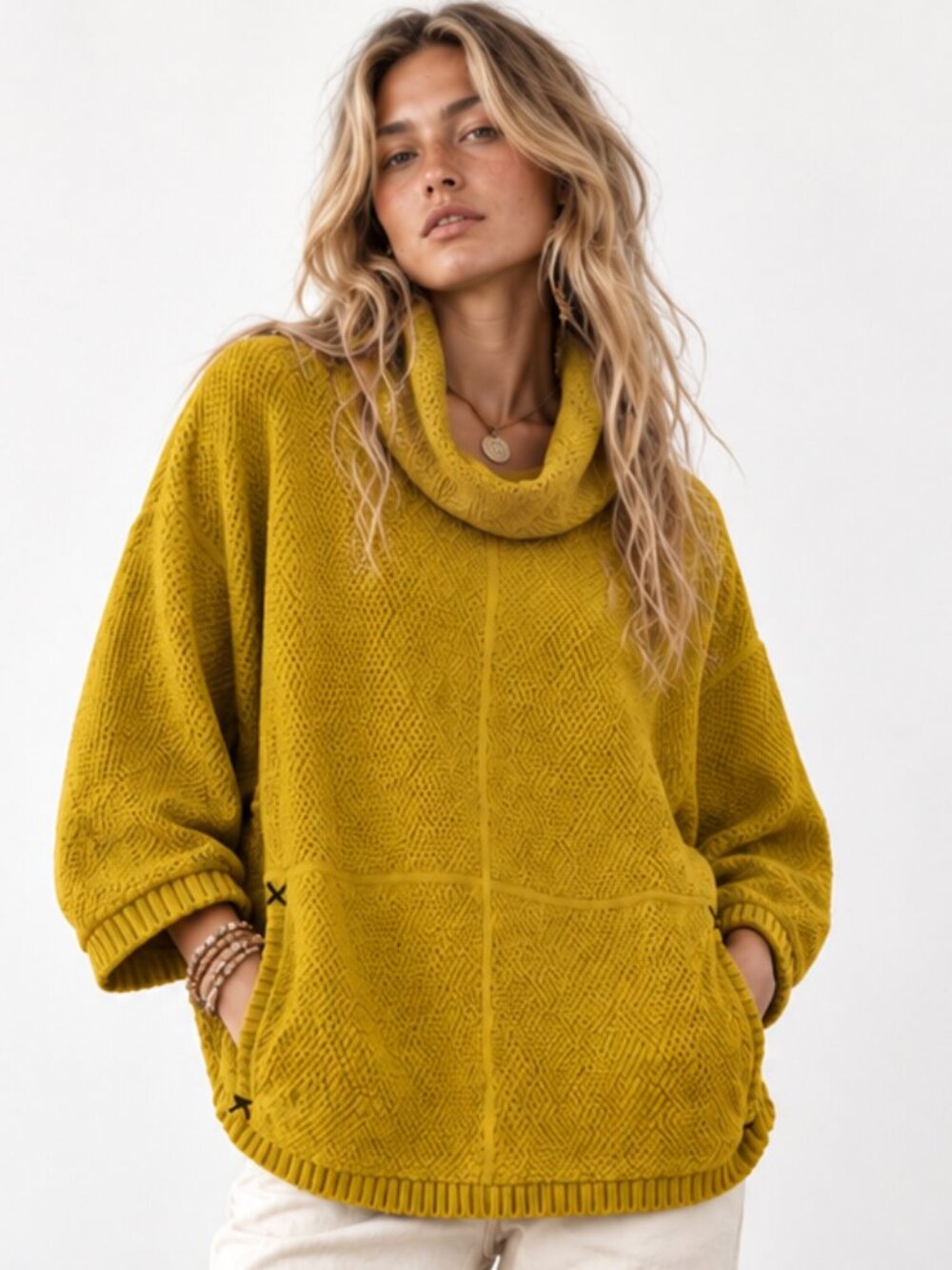 HABITAT Mustard Yellow Cowl Neck Shaker Textured Oversized Sweater Pockets XS/S